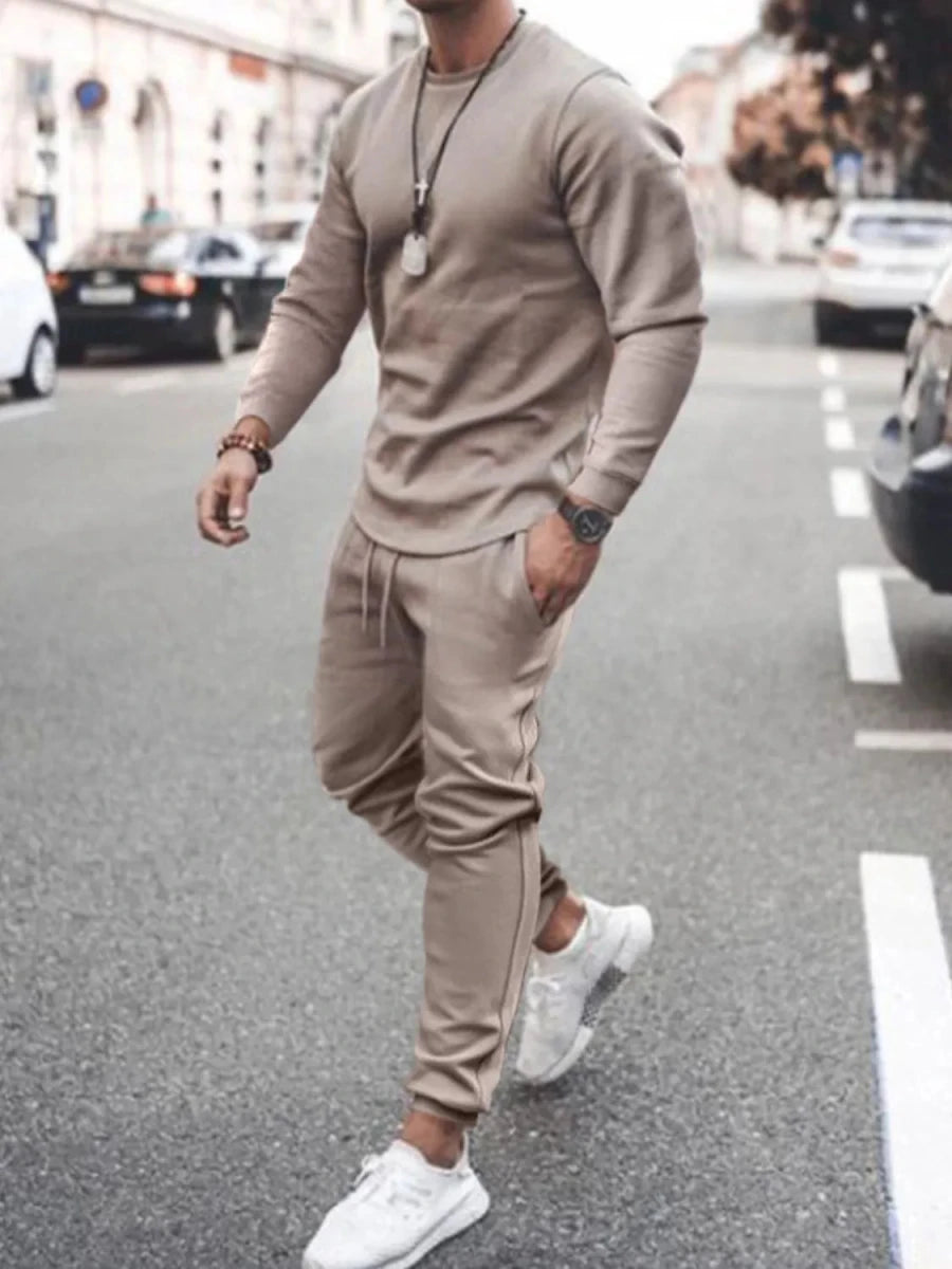 Men's Full Size Round Neck Long Sleeve Top and Pants Set Plus Size - Wow Store