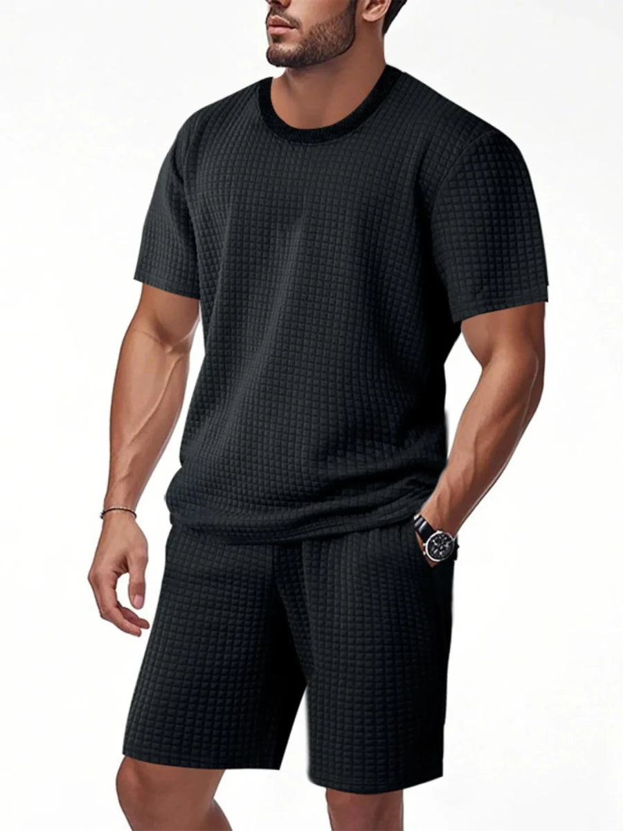 Men's Full Size Textured Round Neck Top and Shorts Set Plus SIze - Wow Store