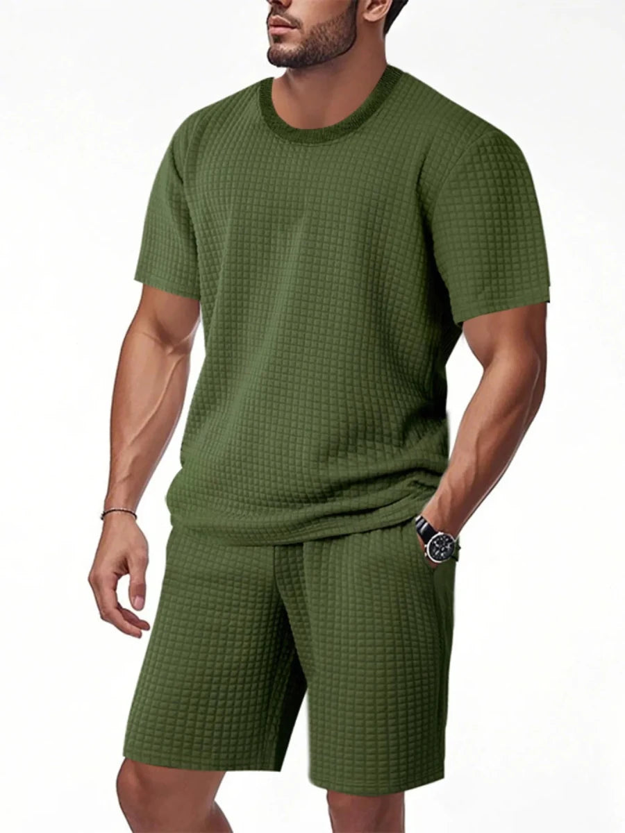 Men's full size textured round neck top and shorts set in navy blue - casual weekend wear