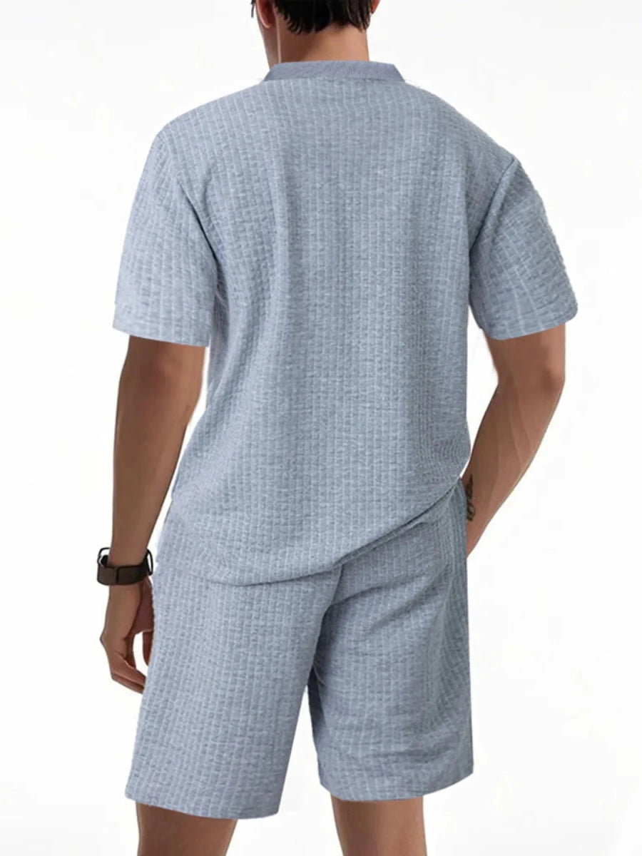 Men's Full Size Textured Round Neck Top and Shorts Set Plus SIze - Wow Store