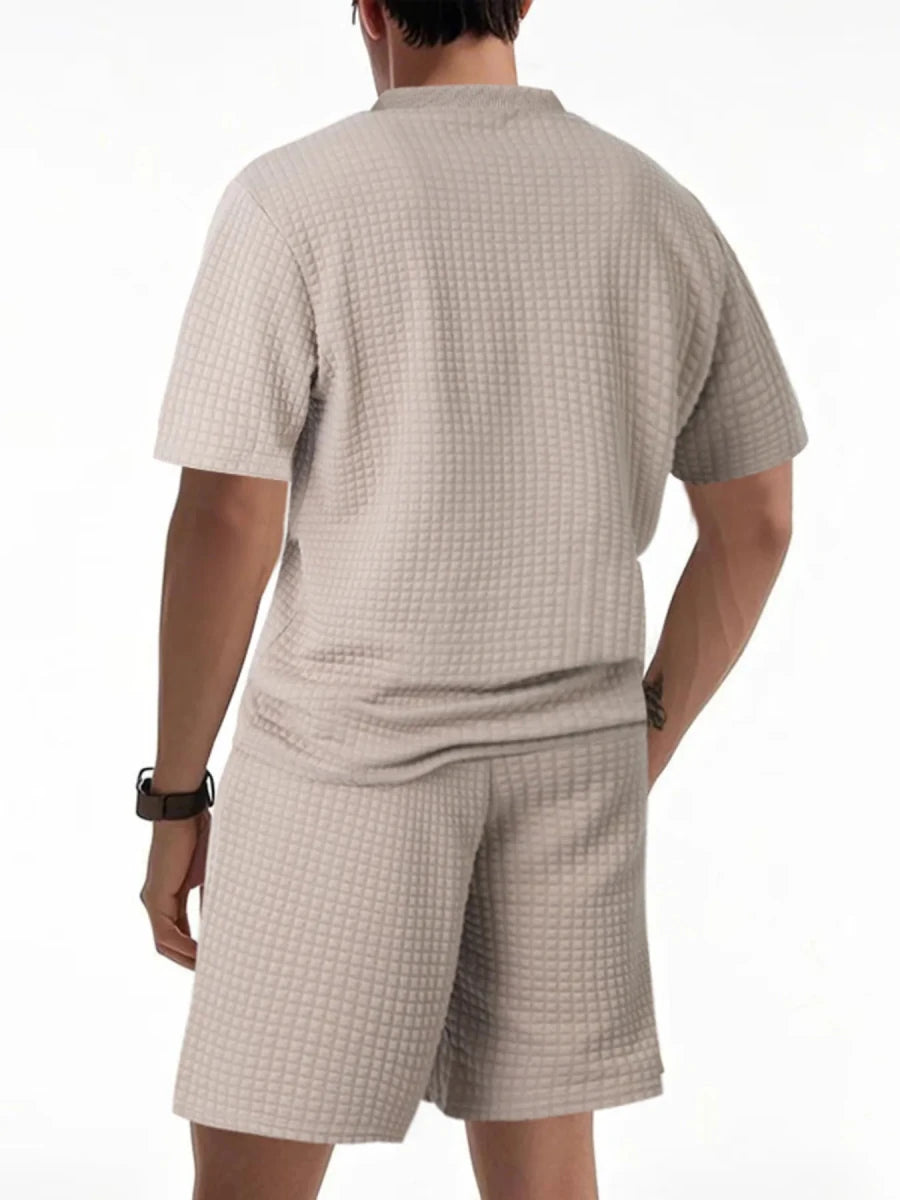 Men's Full Size Textured Round Neck Top and Shorts Set Plus SIze - Wow Store