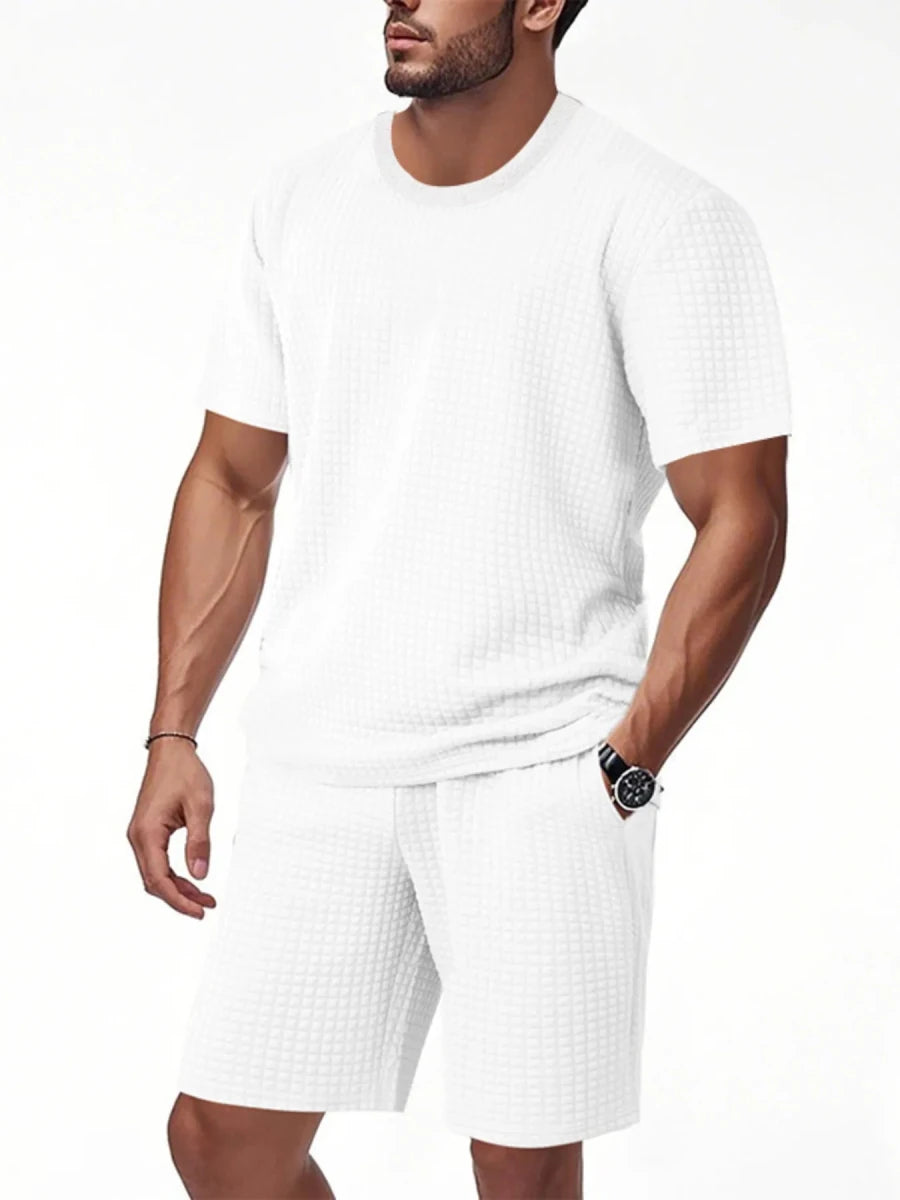 Men's Full Size Textured Round Neck Top and Shorts Set Plus SIze - Wow Store
