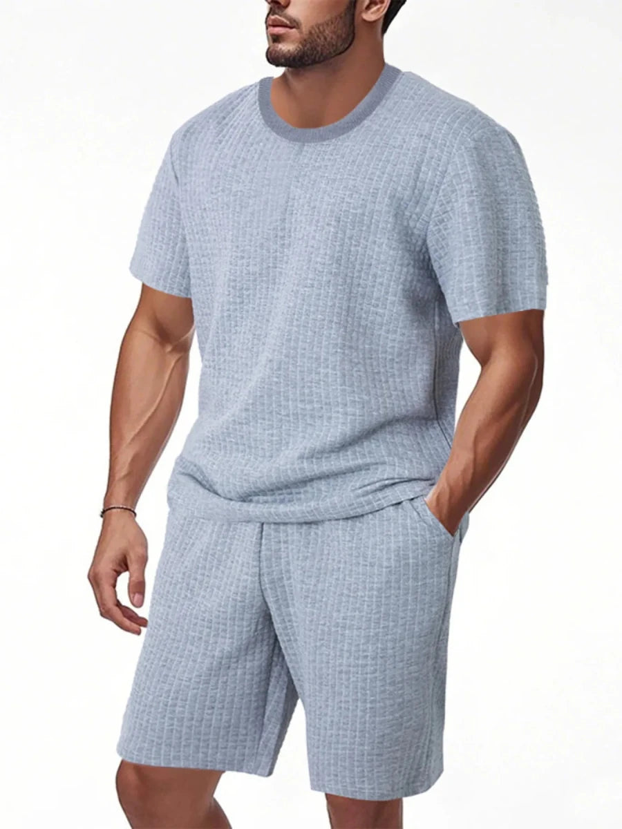 Men's Full Size Textured Round Neck Top and Shorts Set Plus SIze - Wow Store