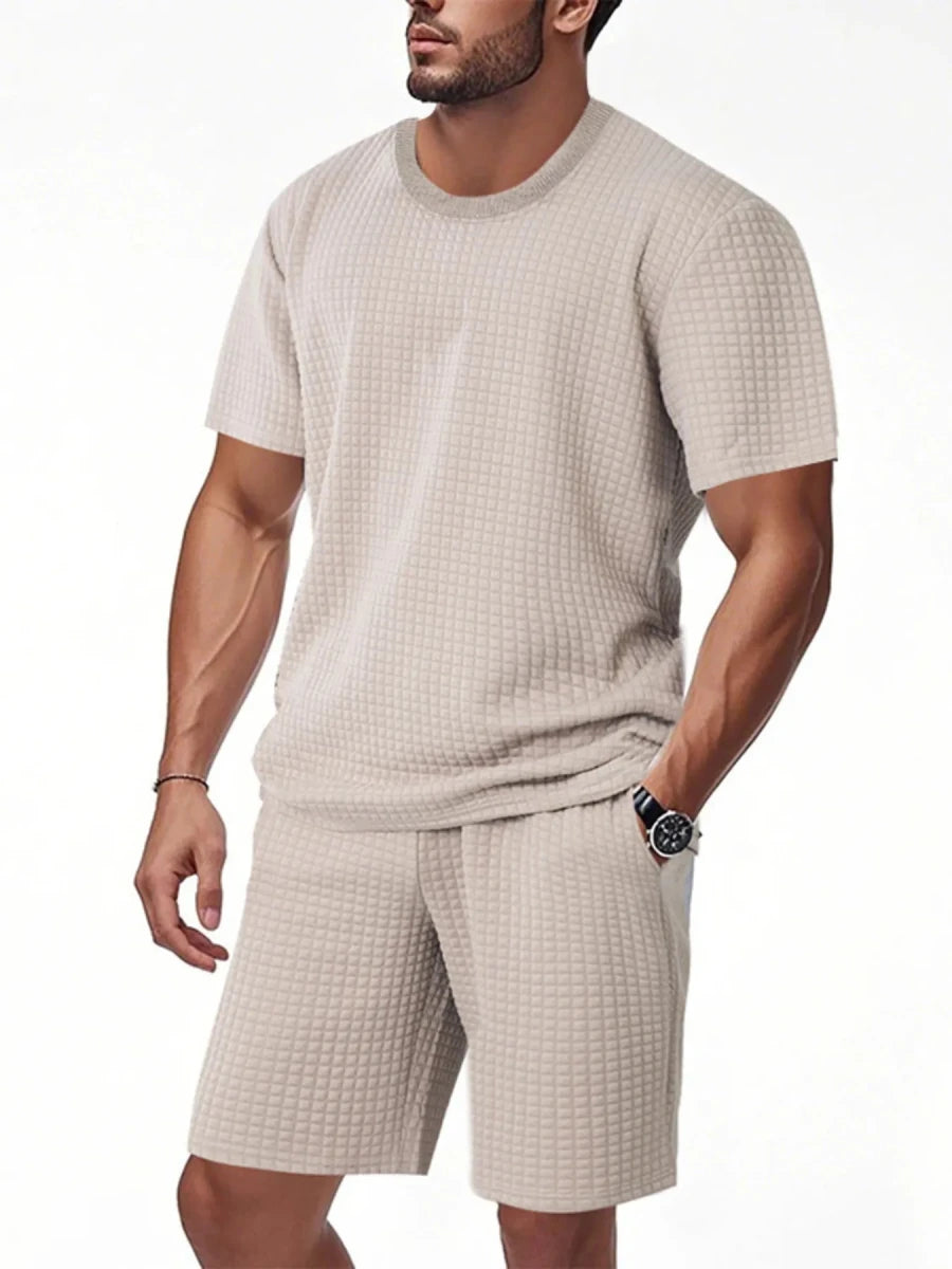 Men's Full Size Textured Round Neck Top and Shorts Set Plus SIze - Wow Store