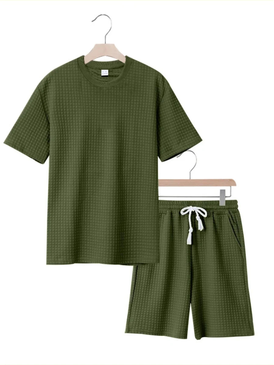 Men's Full Size Textured Round Neck Top and Shorts Set Plus SIze - Wow Store