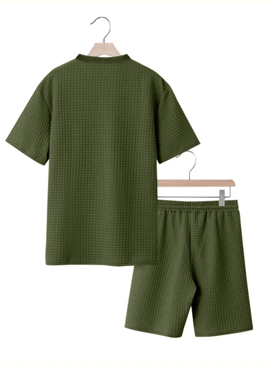 Men's Full Size Textured Round Neck Top and Shorts Set Plus SIze - Wow Store