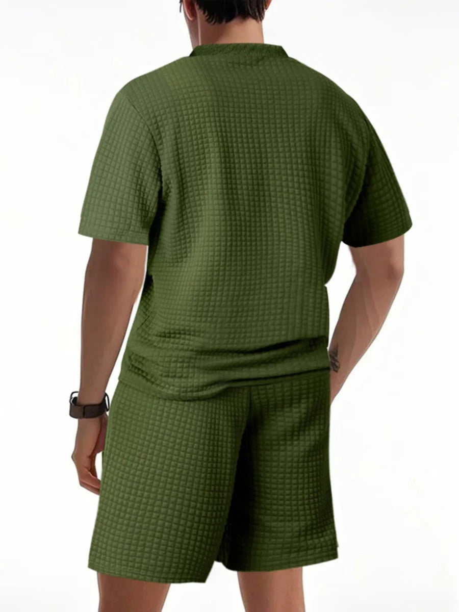 Men's Full Size Textured Round Neck Top and Shorts Set Plus SIze - Wow Store