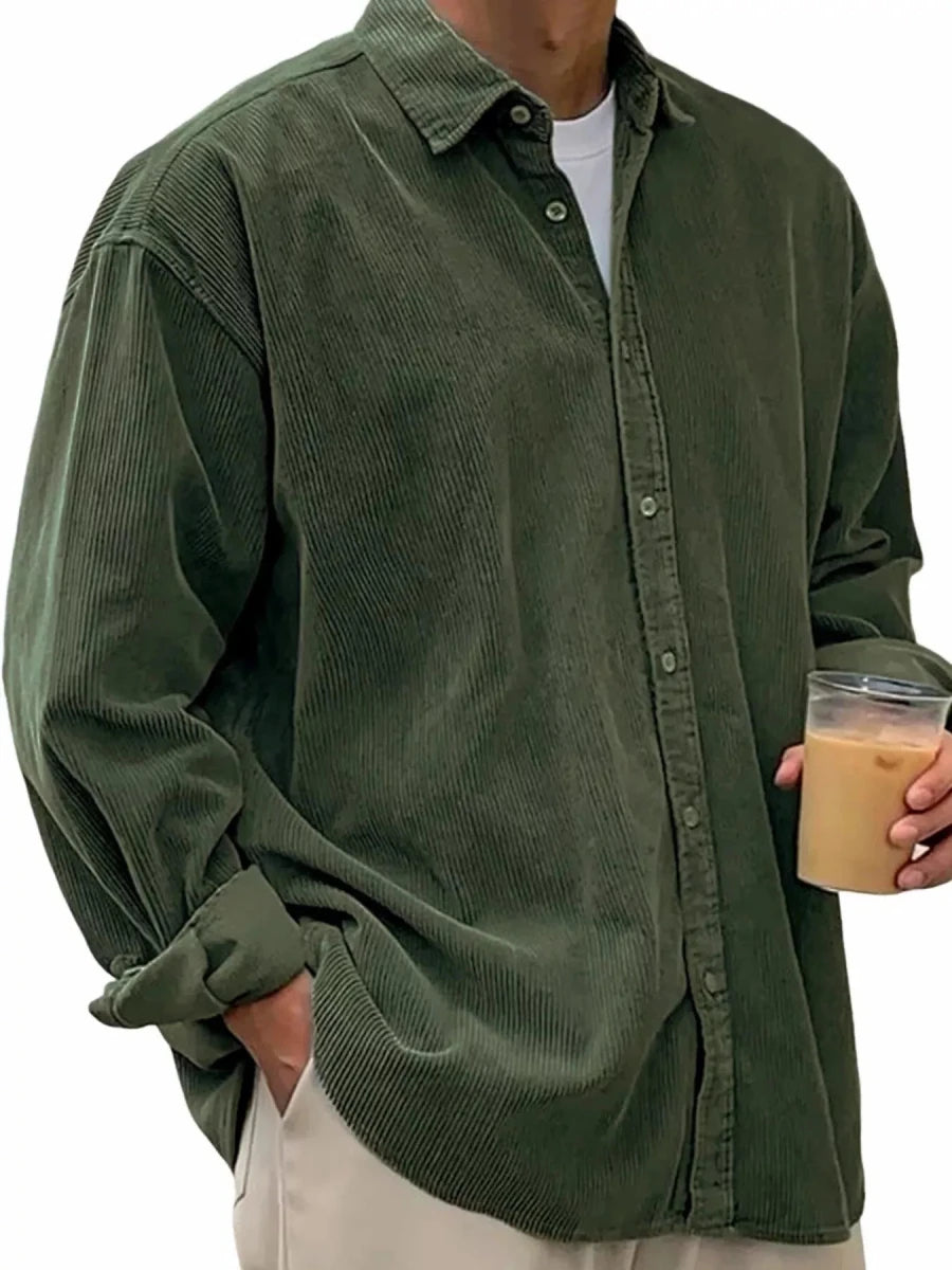 Men's Full Size Vintage Corduroy Long Sleeve Shirt Plus Size in rich brown corduroy fabric with button closure and relaxed fi