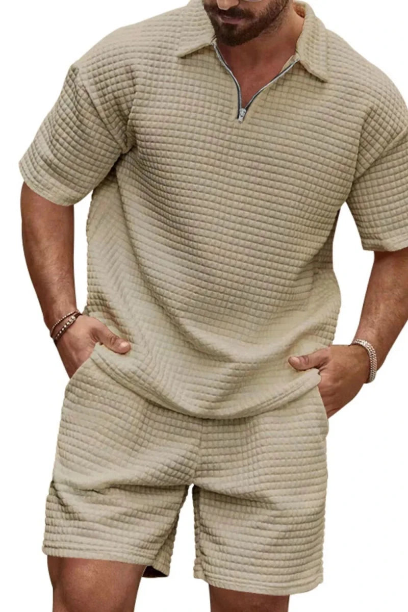 Men's Full Size Zip Collar Short Sleeve Top and Shorts Set Plus Size - Casual two-piece outfit for everyday comfort