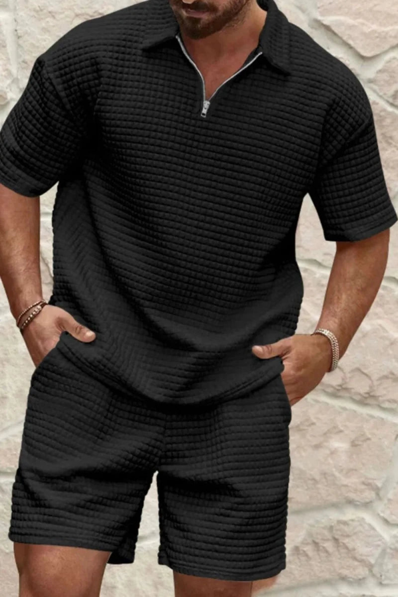Men's Full Size Zip Collar Short Sleeve Top and Shorts Set Plus Size - Wow Store