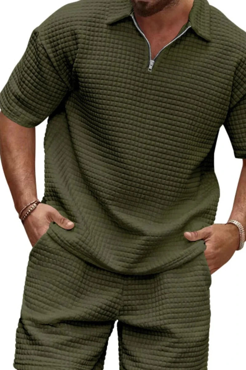Men's Full Size Zip Collar Short Sleeve Top and Shorts Set Plus Size - Wow Store