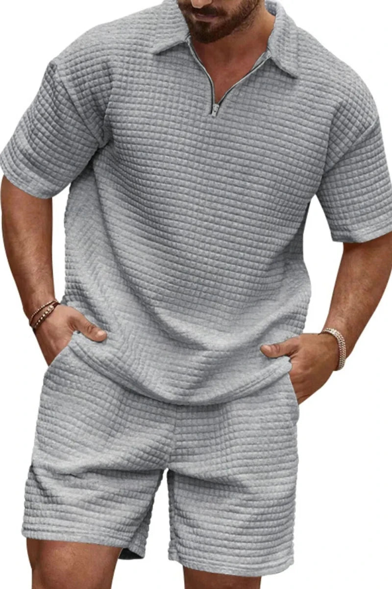 Men's Full Size Zip Collar Short Sleeve Top and Shorts Set Plus Size - Wow Store