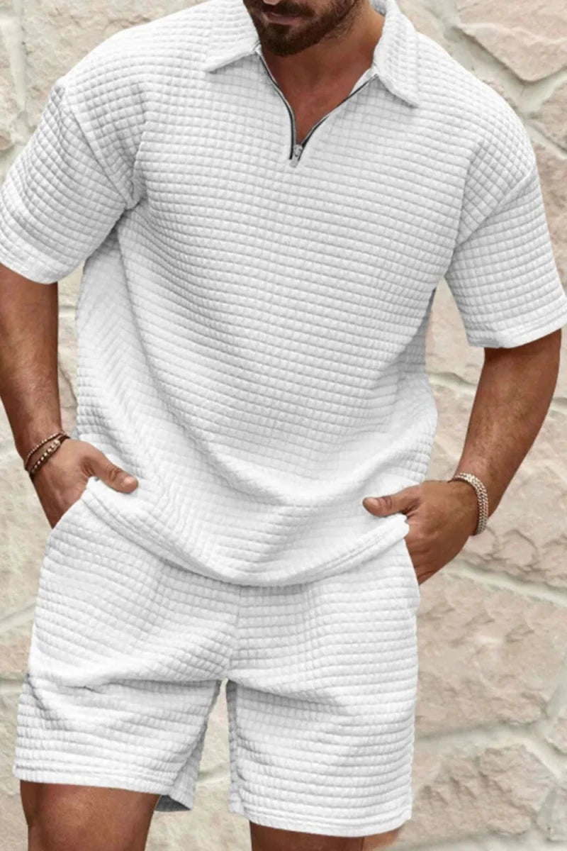 Men's Full Size Zip Collar Short Sleeve Top and Shorts Set Plus Size - Wow Store