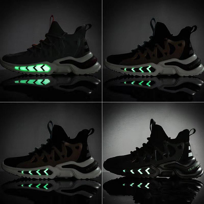 Four sneakers photographed in low light with bright chevron marks on the soles