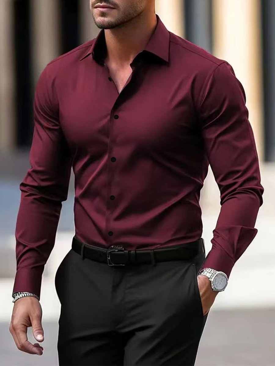 Men's Long-Sleeve Button-Up Shirt, 7 Colours in wine red