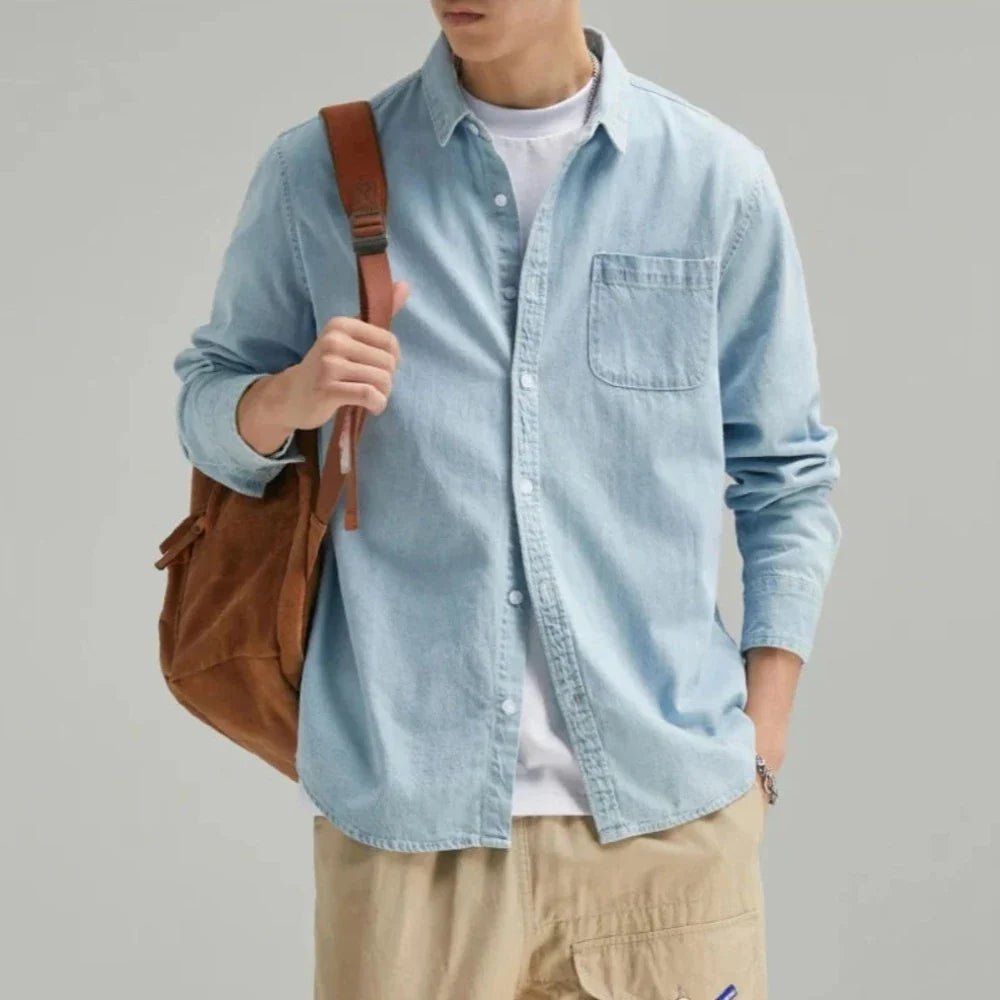 Mens Long Sleeve Single Pocket Denim Shirt - Wow Store