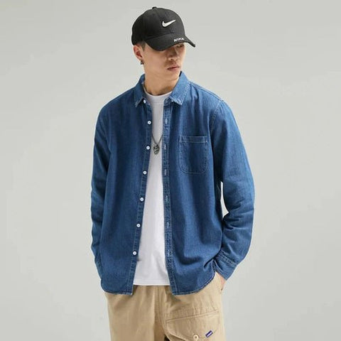 Mens Long Sleeve Single Pocket Denim Shirt - Wow Store