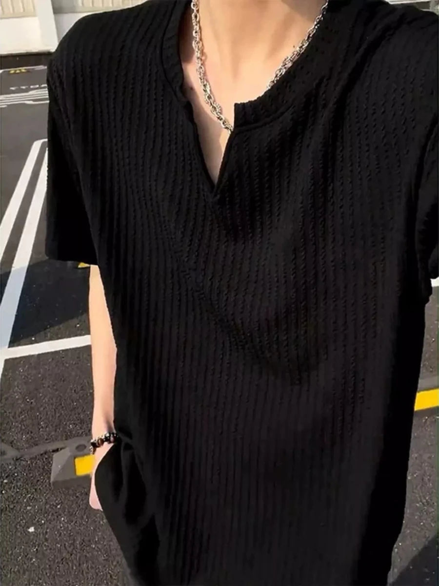 Men's Plus Size Casual Notched Ribbed T-Shirt - WowStore.live