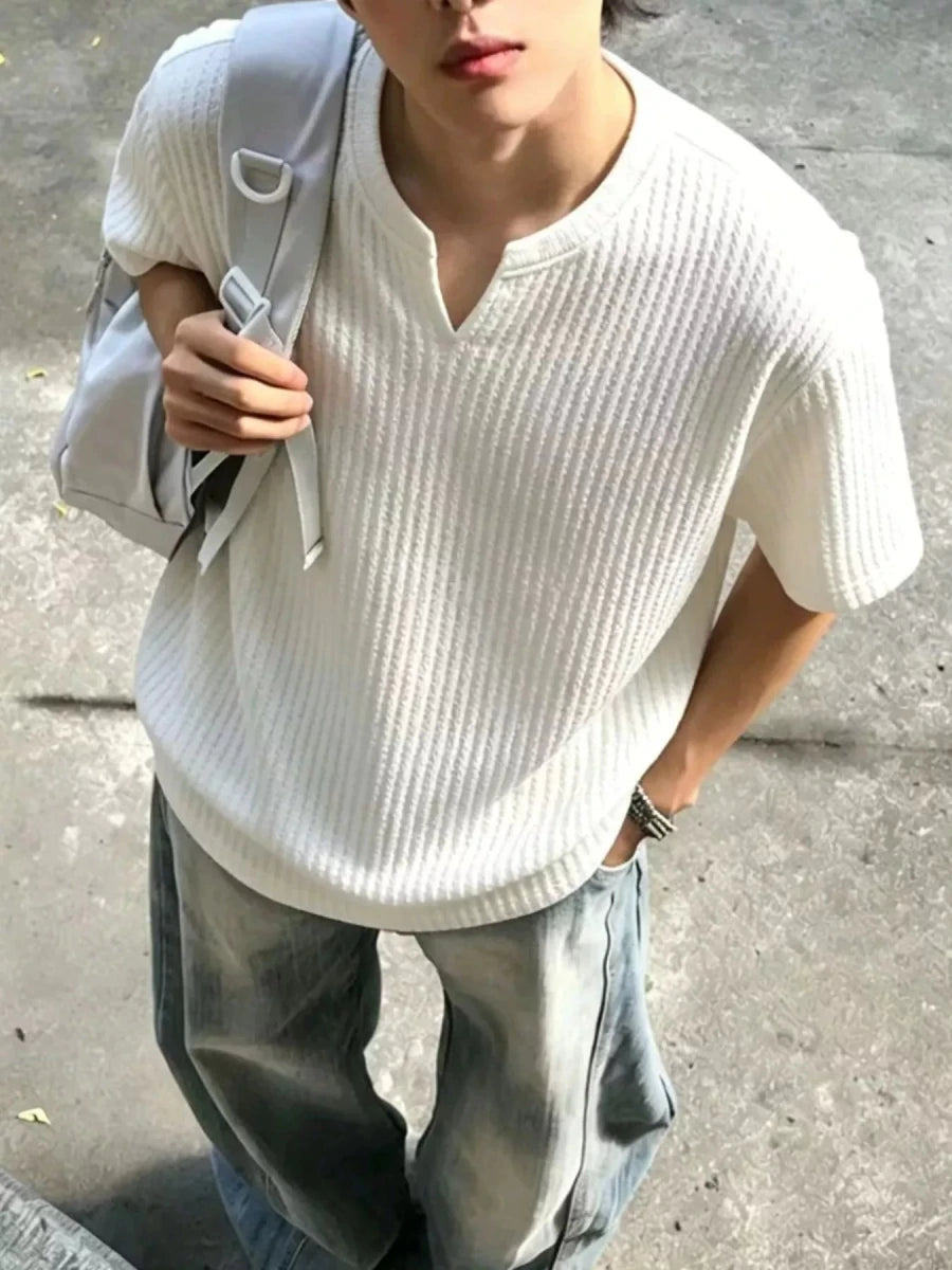 Men's Plus Size Casual Notched Ribbed T-Shirt - WowStore.live