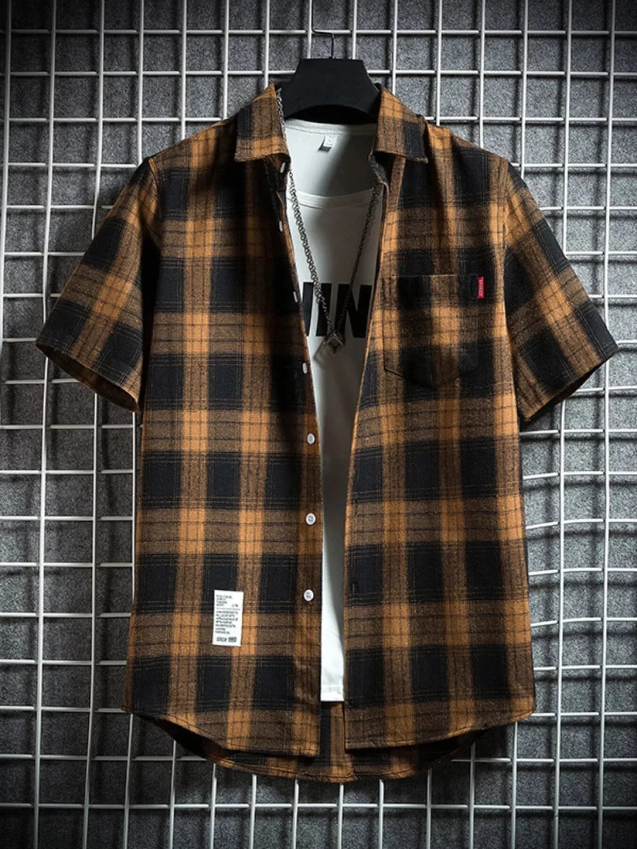 Men's Plus Size Plaid Button Up Short-Sleeve Shirt - WowStore.live