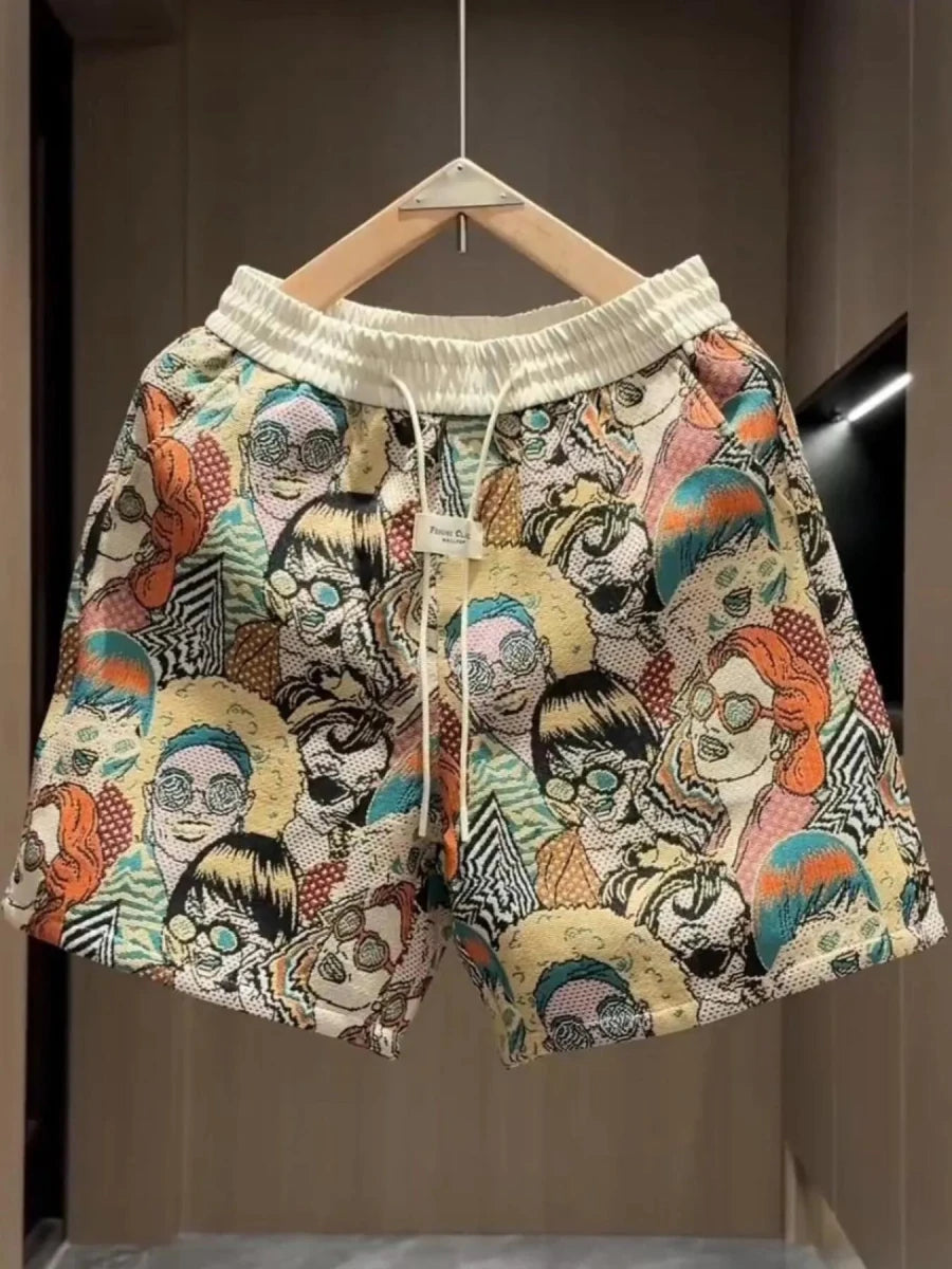 Men's Plus Size Printed Wide Leg Shorts in navy with geometric pattern on model