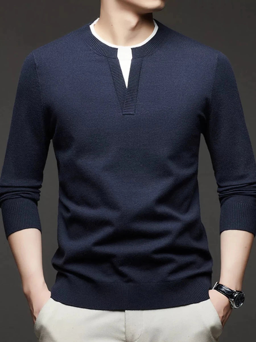 Men's Plus Size Two-Tone Long Sleeve Knit Top in charcoal and heather grey — soft knit fabric with subtle contrast stitching