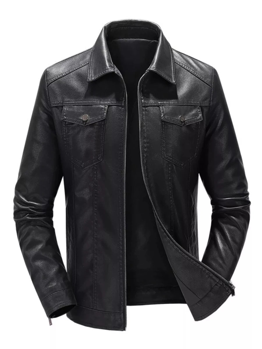 Men's Plus Size Zip Up Leather Jacket in black – rugged streetwear outerwear with zip closure and structured fit