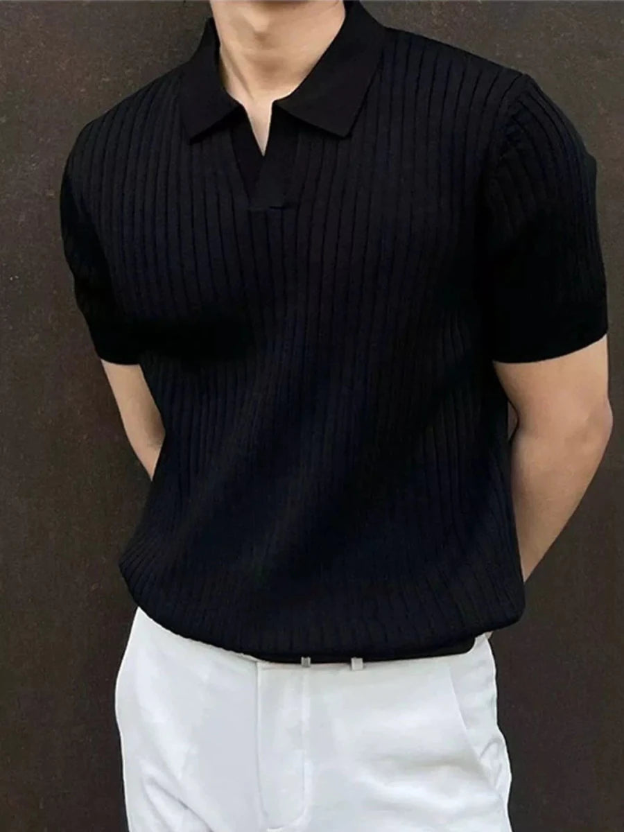 Men's Ribbed Knit Polo Shirt with Classic Collar - WowStore.live