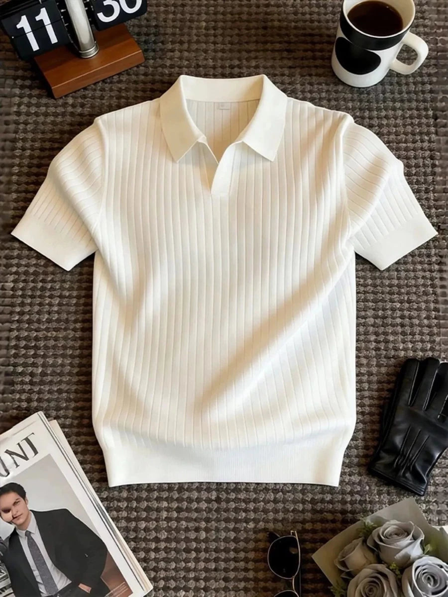 Men's Ribbed Knit Polo Shirt with Classic Collar - WowStore.live
