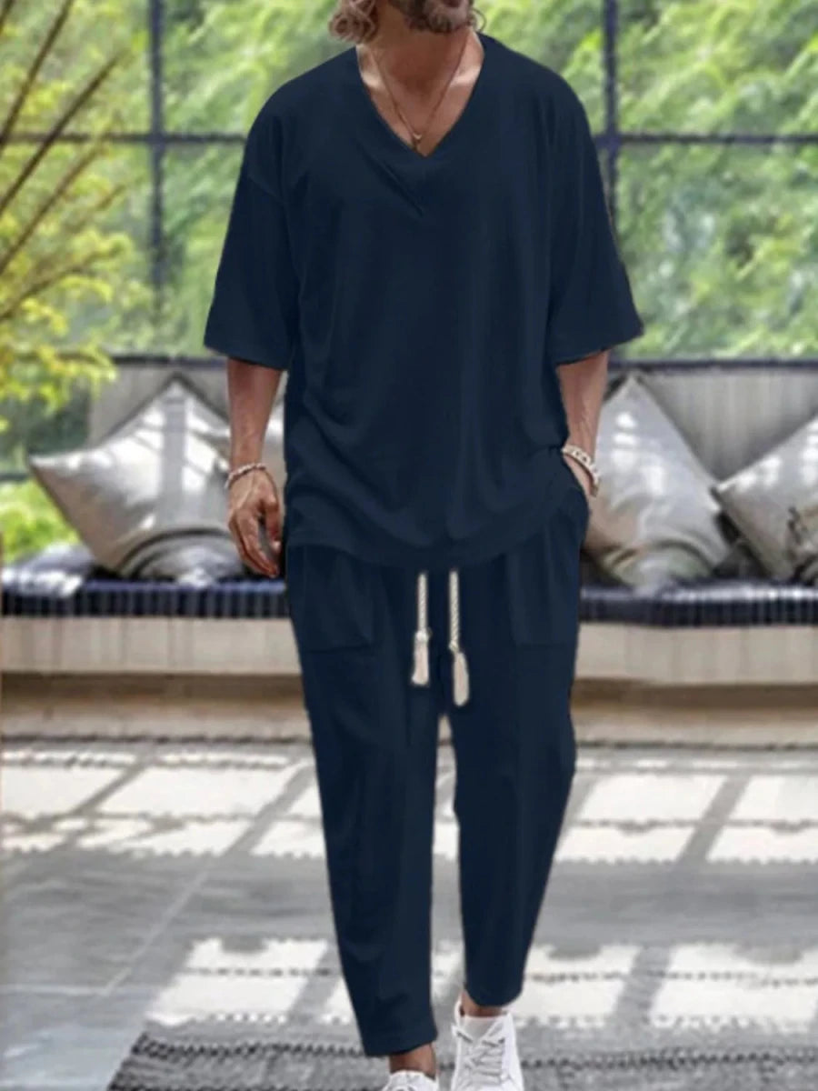 Men's V - Neck Half Sleeve Top and Pants Set - Wow Store