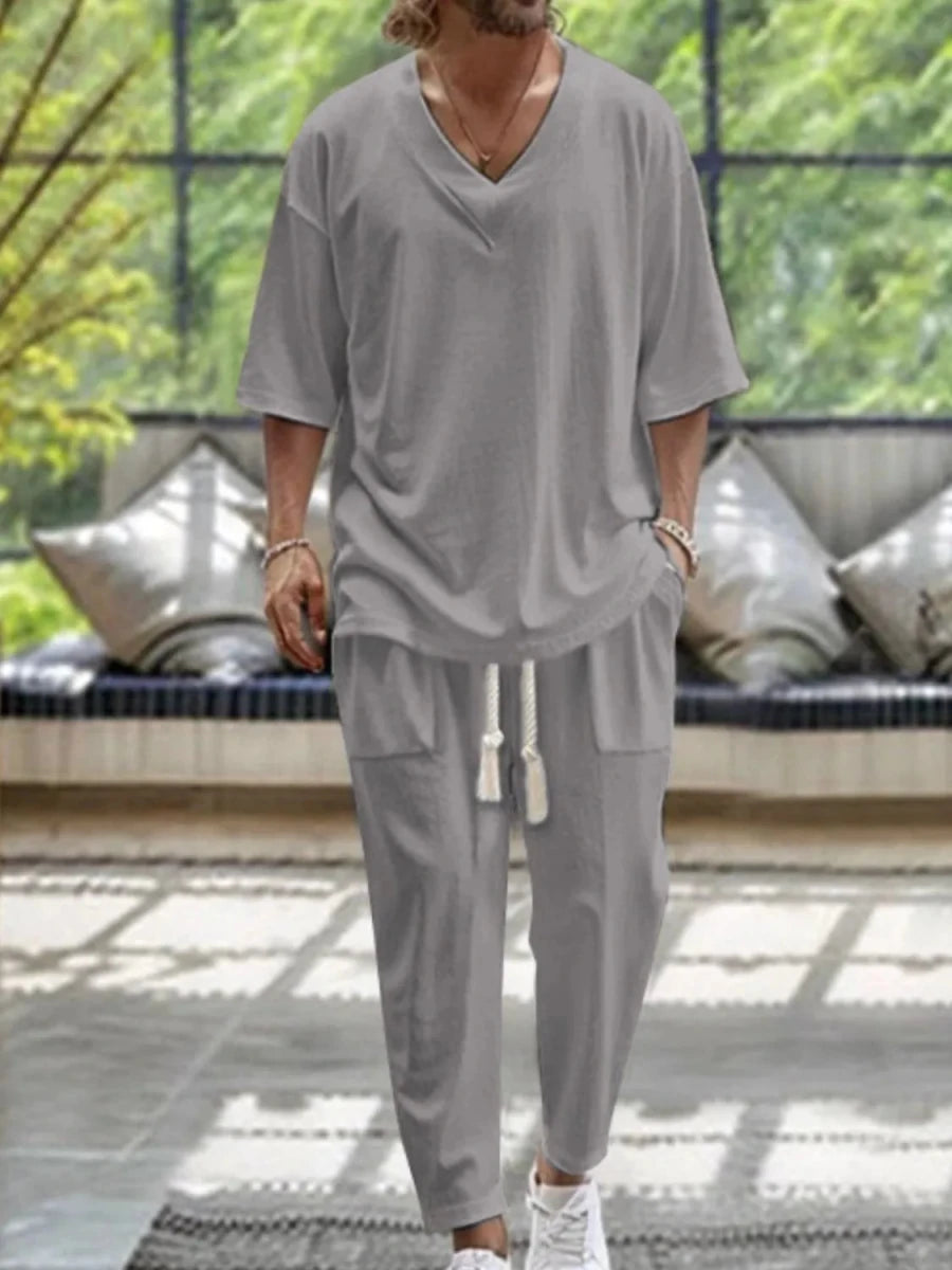 Men's V - Neck Half Sleeve Top and Pants Set - Wow Store