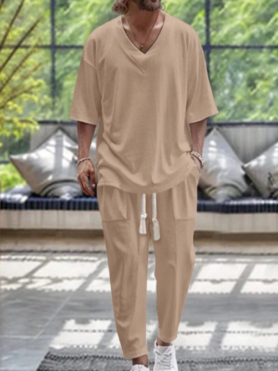 Men's V - Neck Half Sleeve Top and Pants Set - Wow Store