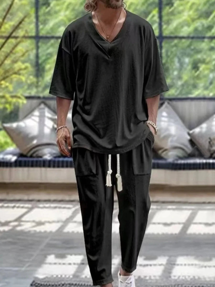 Men's V - Neck Half Sleeve Top and Pants Set - Wow Store