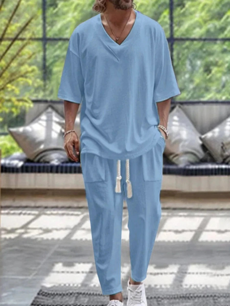 Men's V - Neck Half Sleeve Top and Pants Set - Wow Store