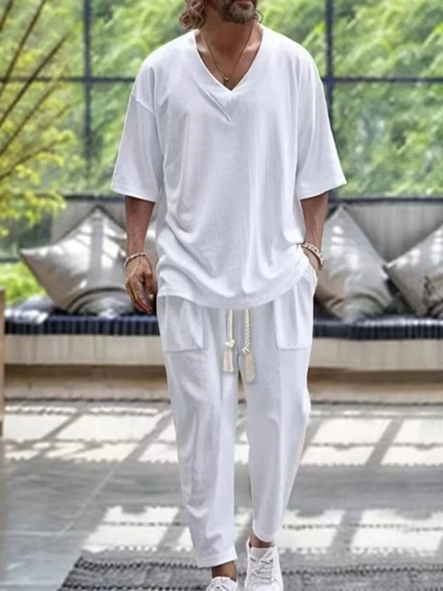 Men's V - Neck Half Sleeve Top and Pants Set - Wow Store