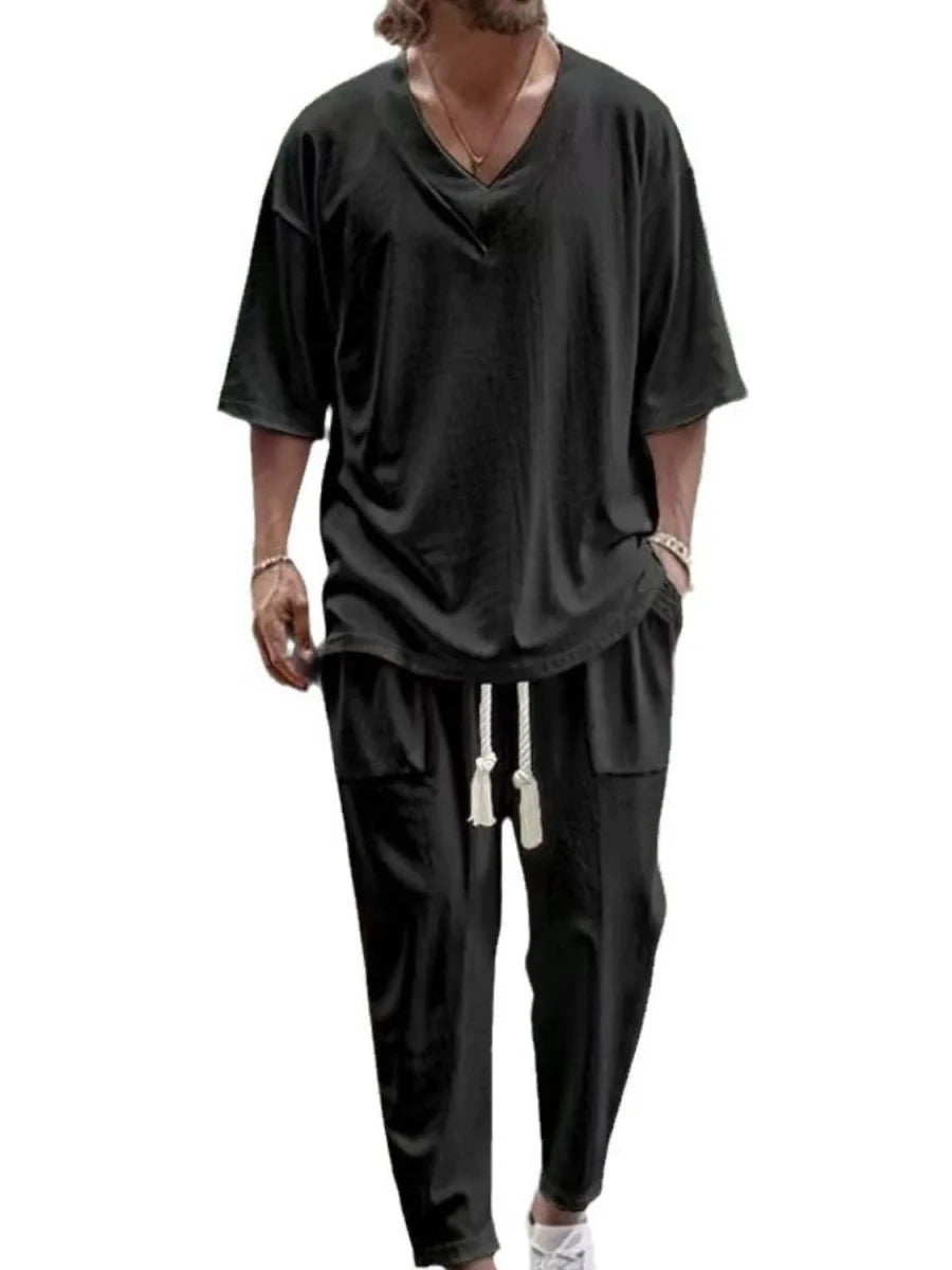 Men's V - Neck Half Sleeve Top and Pants Set - Wow Store
