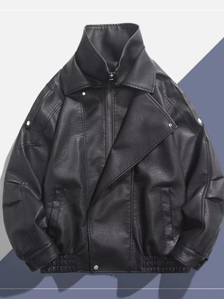 Men's Zip Up Leather Moto Jacket - Wow Store