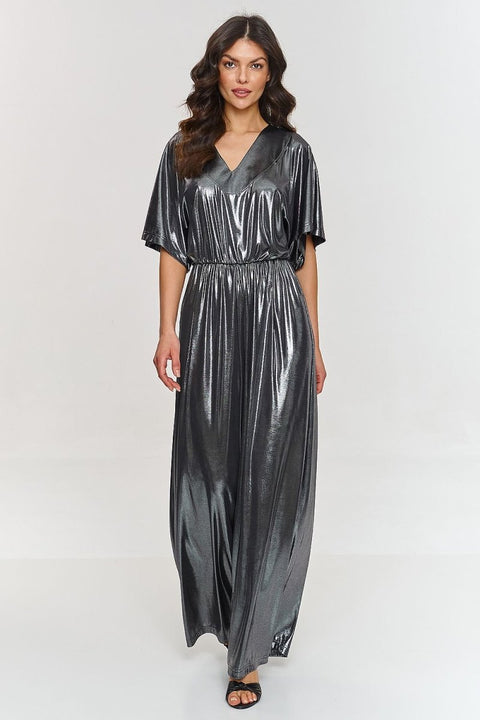 Metallic Kimono - Sleeve Evening Jumpsuit 209579 - Makadamia | Wow Store - Wow Store