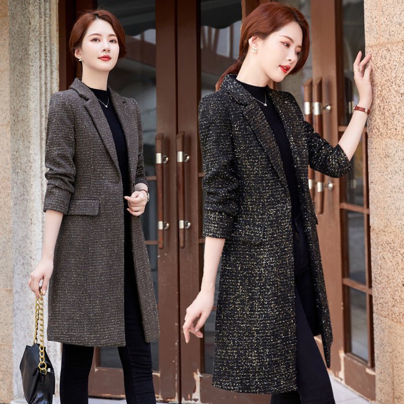 Two women in the tweed-look coat, one in dark brown and one in black with metallic flecks