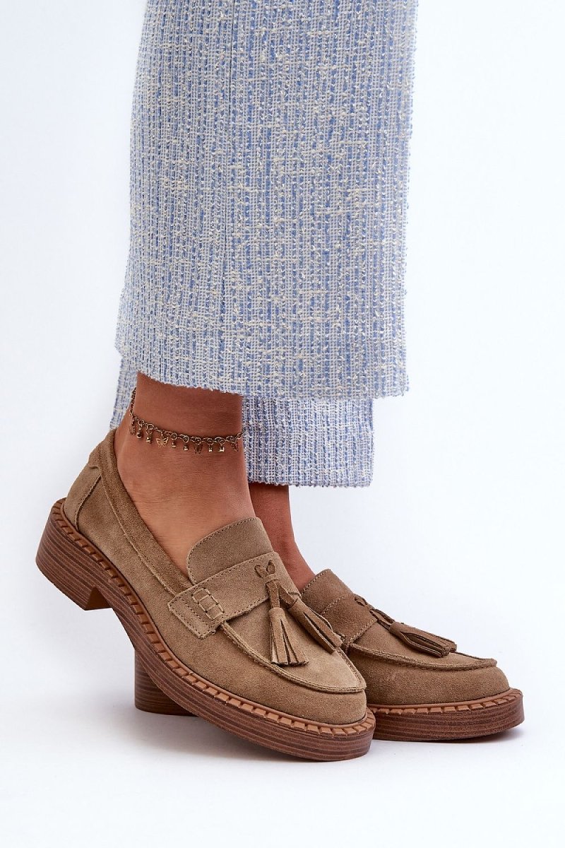 Front view of brown suede moccasins from Step In Style, women’s slip-on loafers