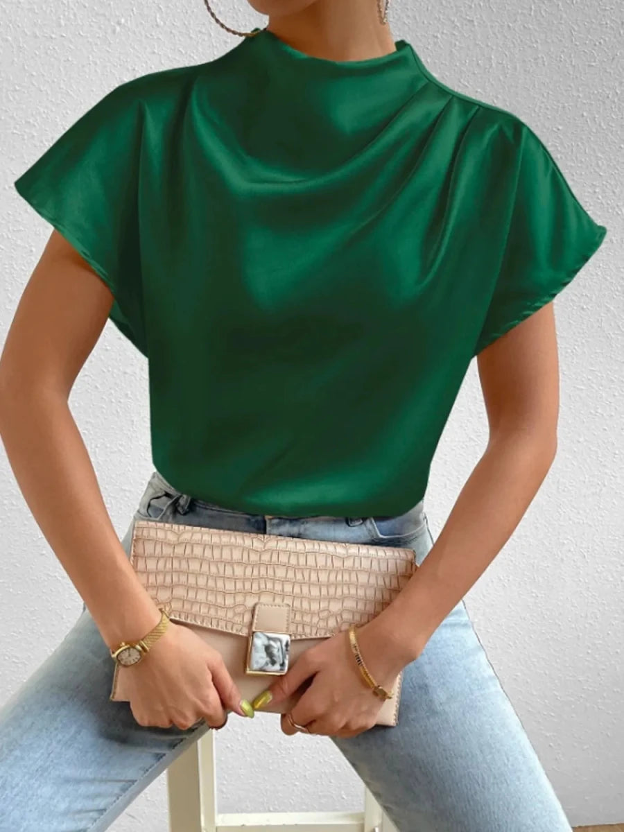 Mock Neck Short Sleeve Blouse - Wow Store