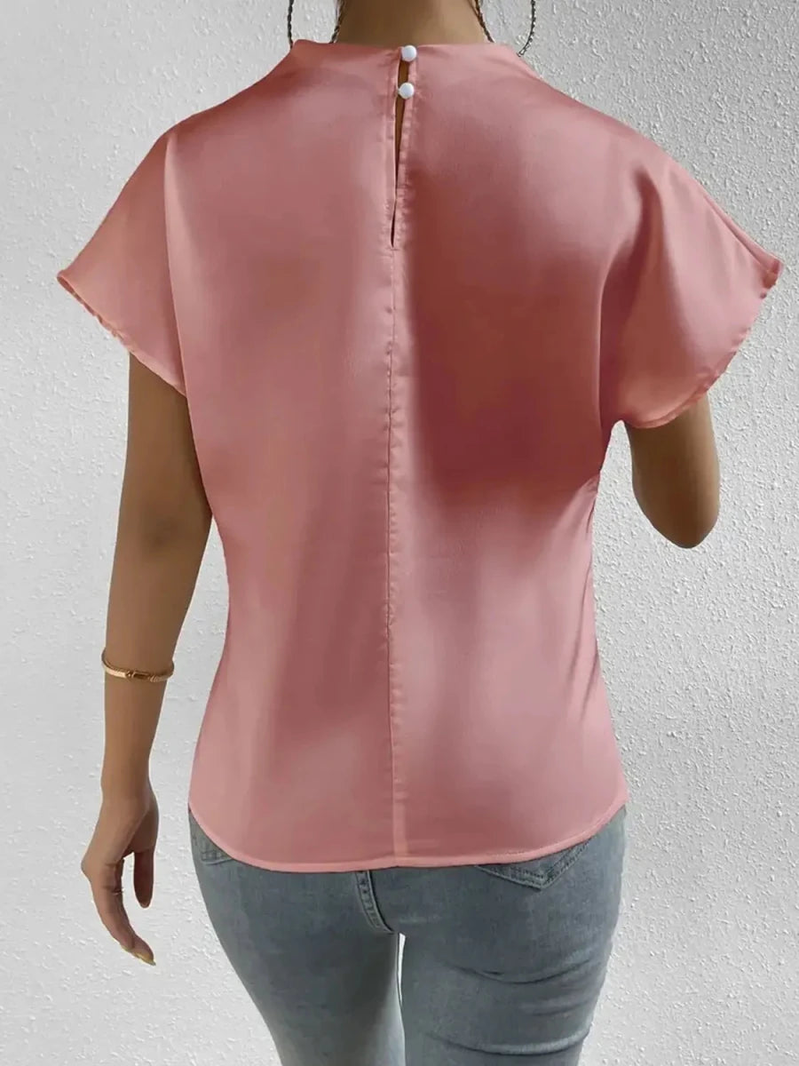 Mock Neck Short Sleeve Blouse - Wow Store