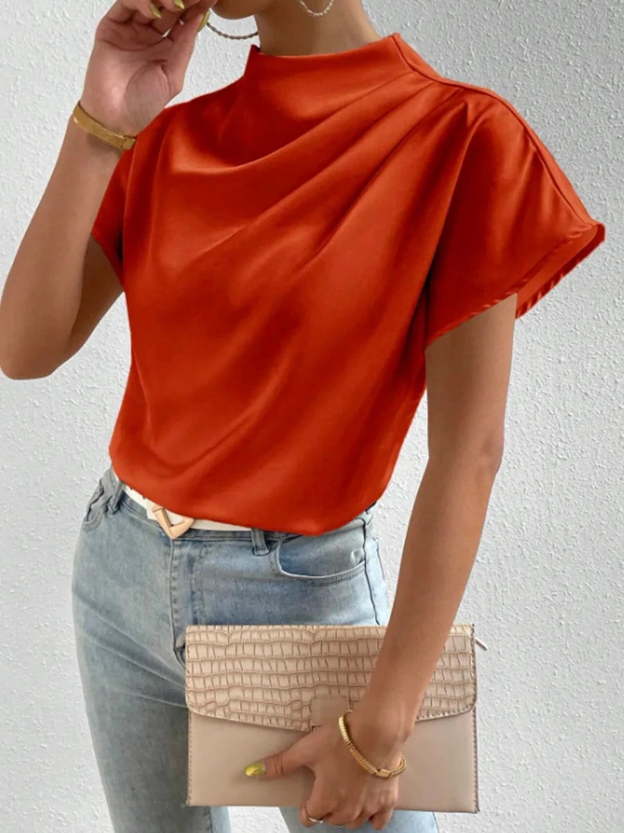 Mock Neck Short Sleeve Blouse - Wow Store