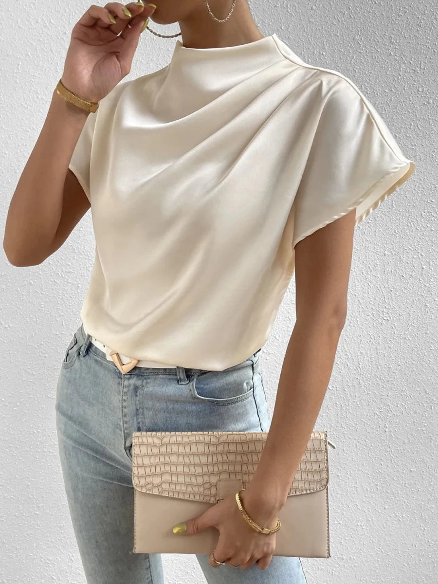 Mock Neck Short Sleeve Blouse - Wow Store
