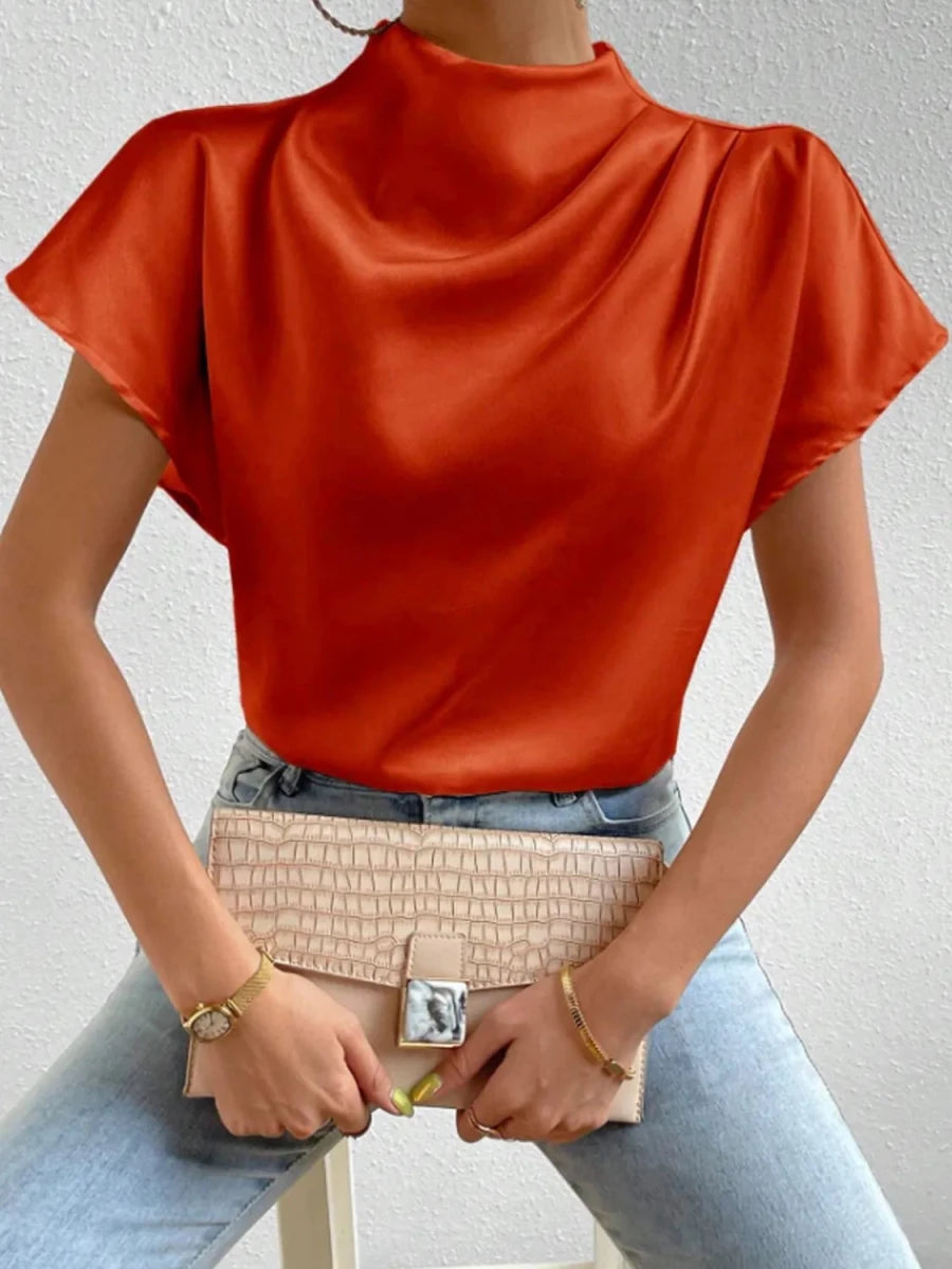 Mock Neck Short Sleeve Blouse - Wow Store