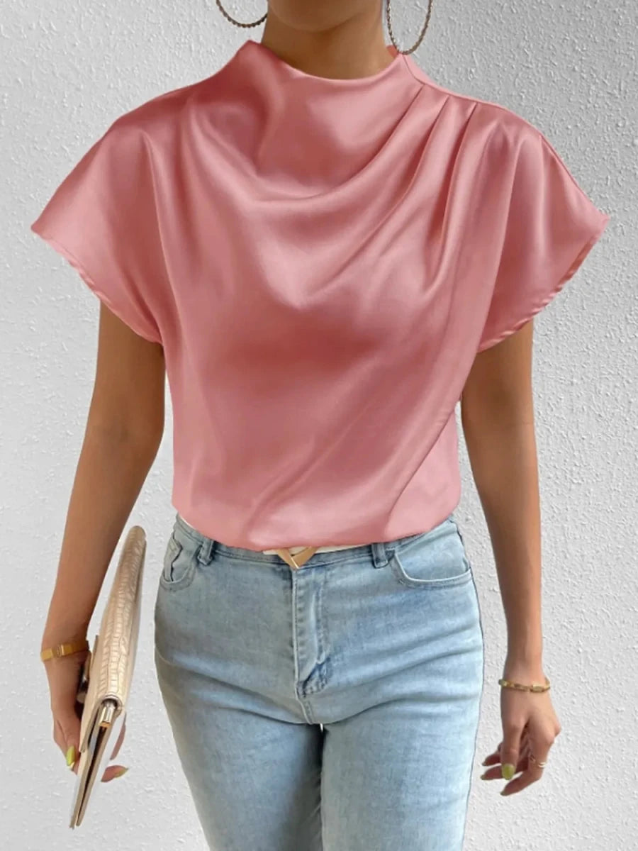 Mock Neck Short Sleeve Blouse - Wow Store