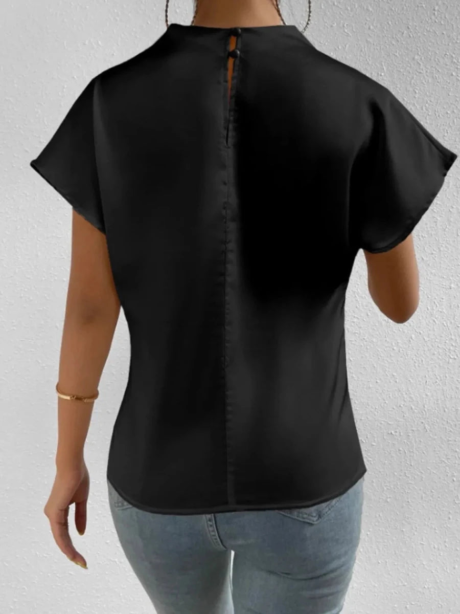 Mock Neck Short Sleeve Blouse - Wow Store