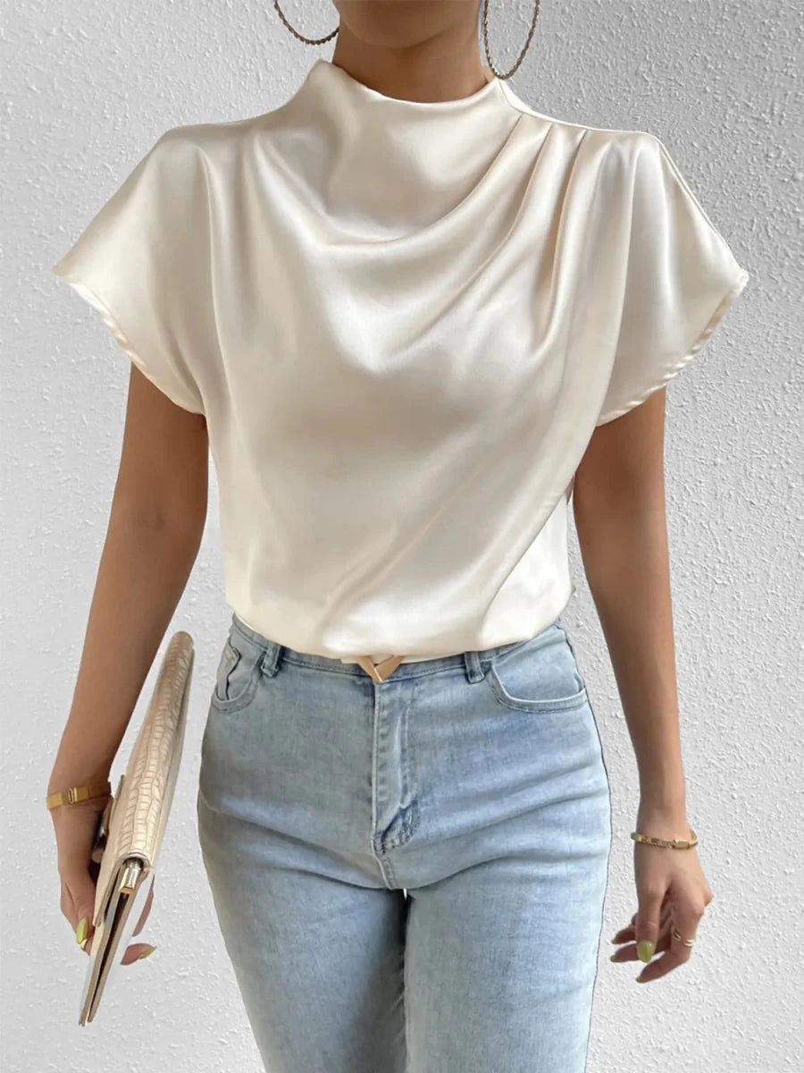 Mock Neck Short Sleeve Blouse - Wow Store