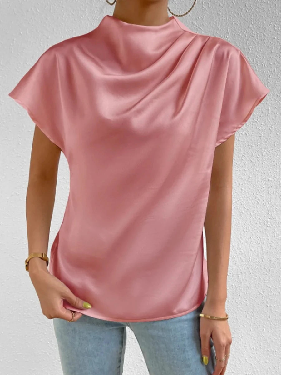 Mock Neck Short Sleeve Blouse - Wow Store