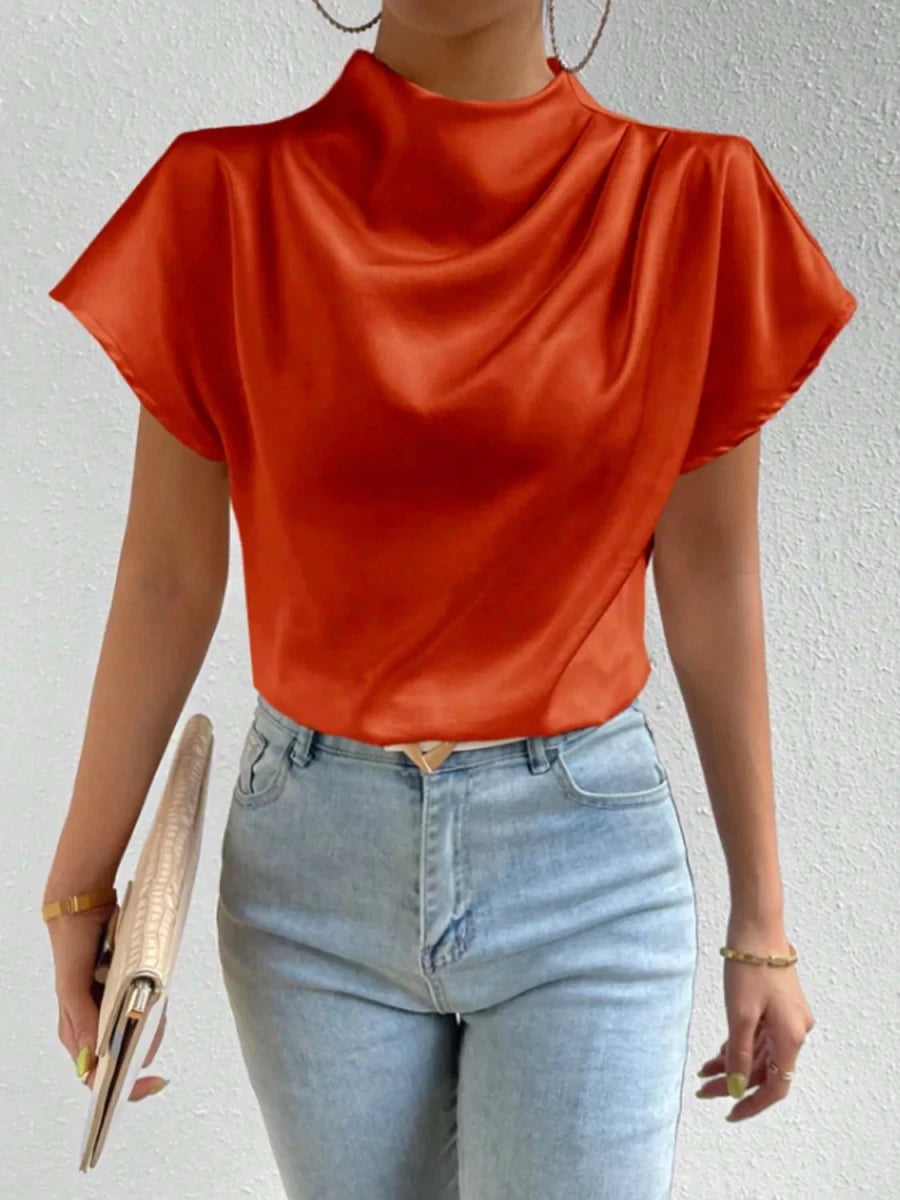 Mock Neck Short Sleeve Blouse - Wow Store